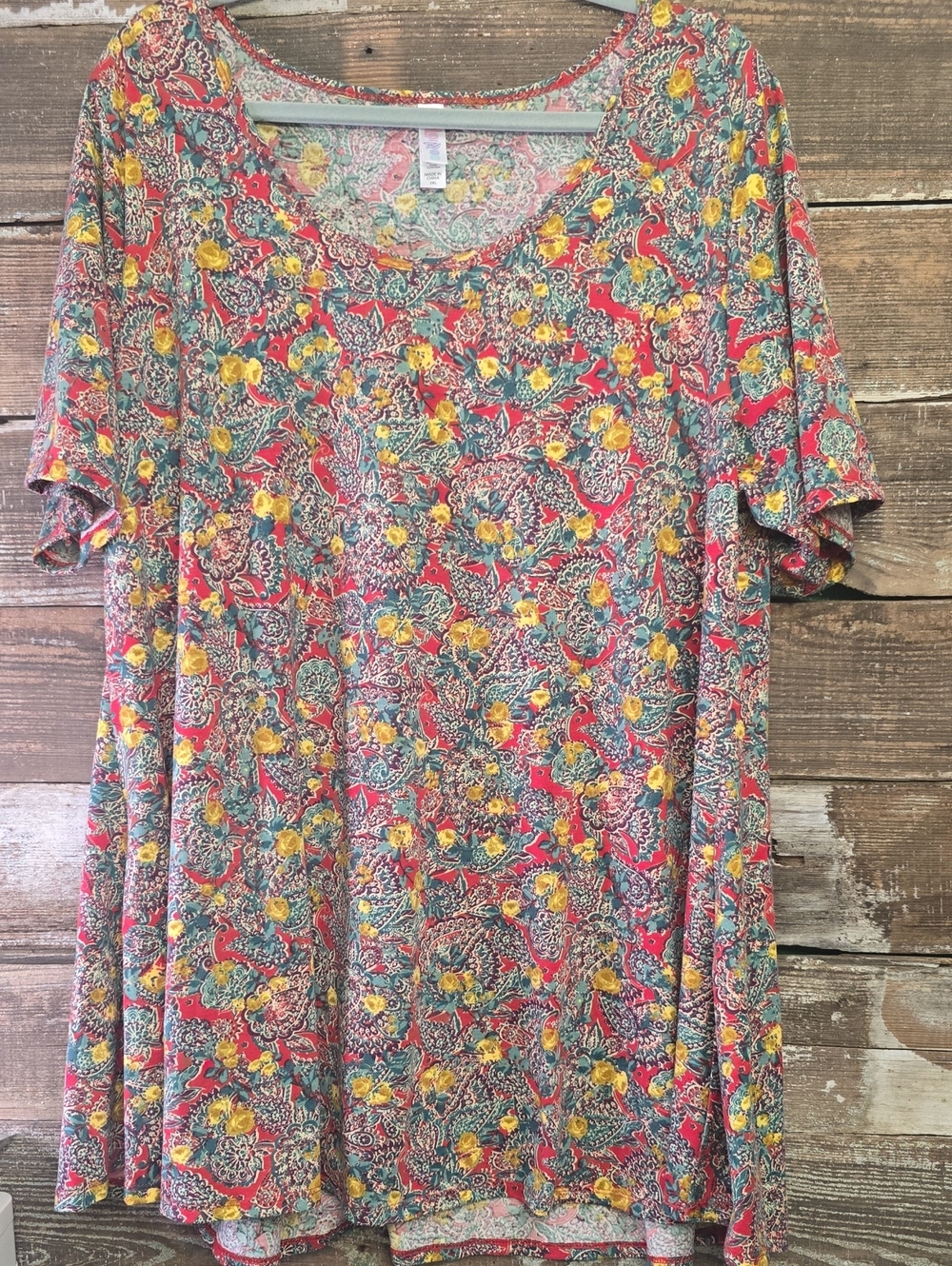 Lularoe Floral Paisley Short-Sleeve Women's Top in Coral and Yellow, Size 2X